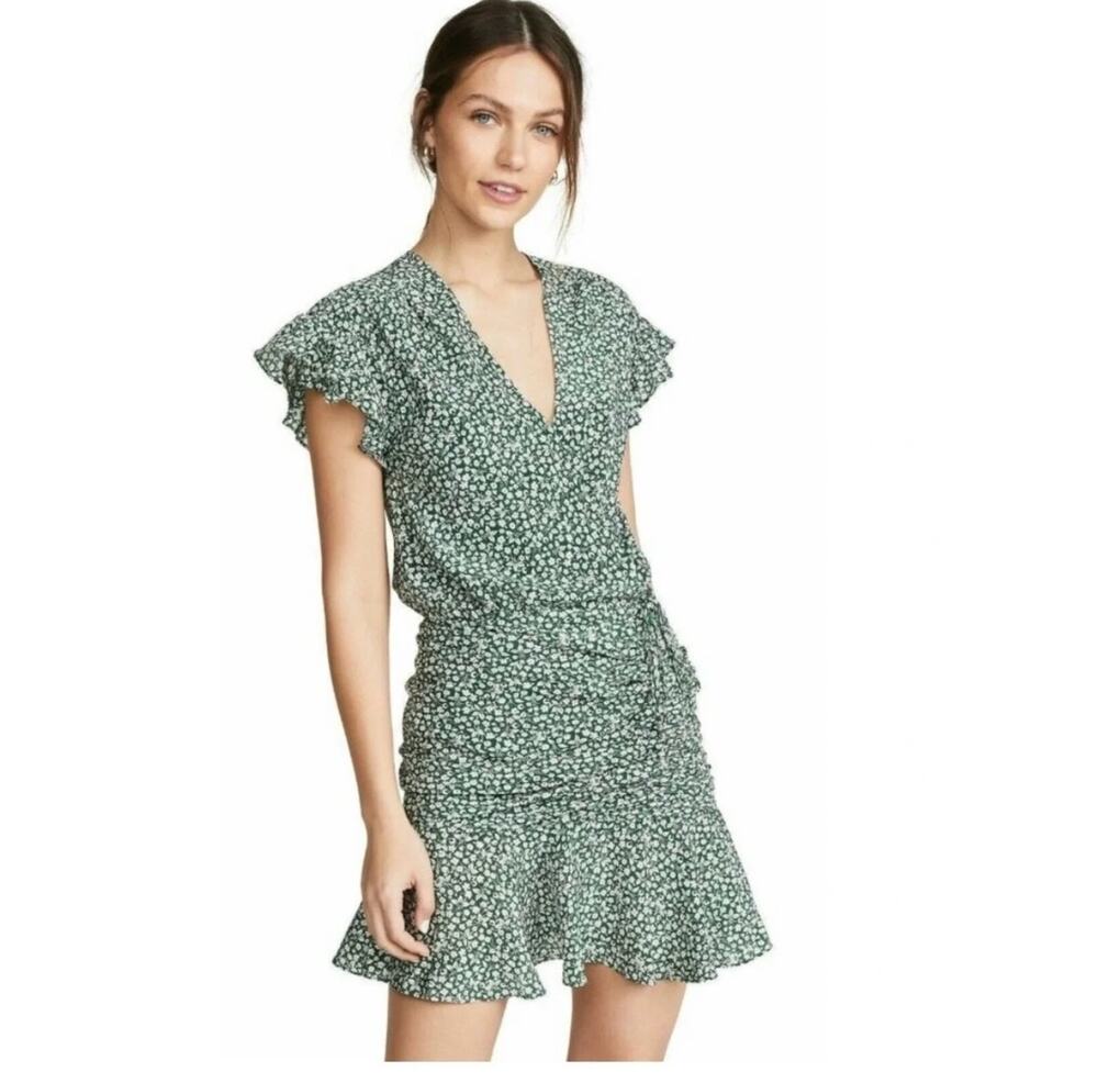 VERONICA BEARD Marla Green Floral Ruched Skirt Blouson Flutter Sleeve Dress | 10